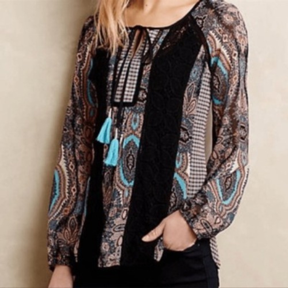 Anthropologie Meadow Rue Giada Peasant Blouse Paisley Crochet Lace Boho Festival